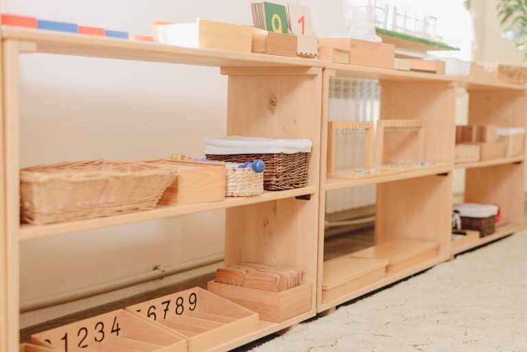 wooden shelf with materials for Montessori studies. study of chickens, mathematics.